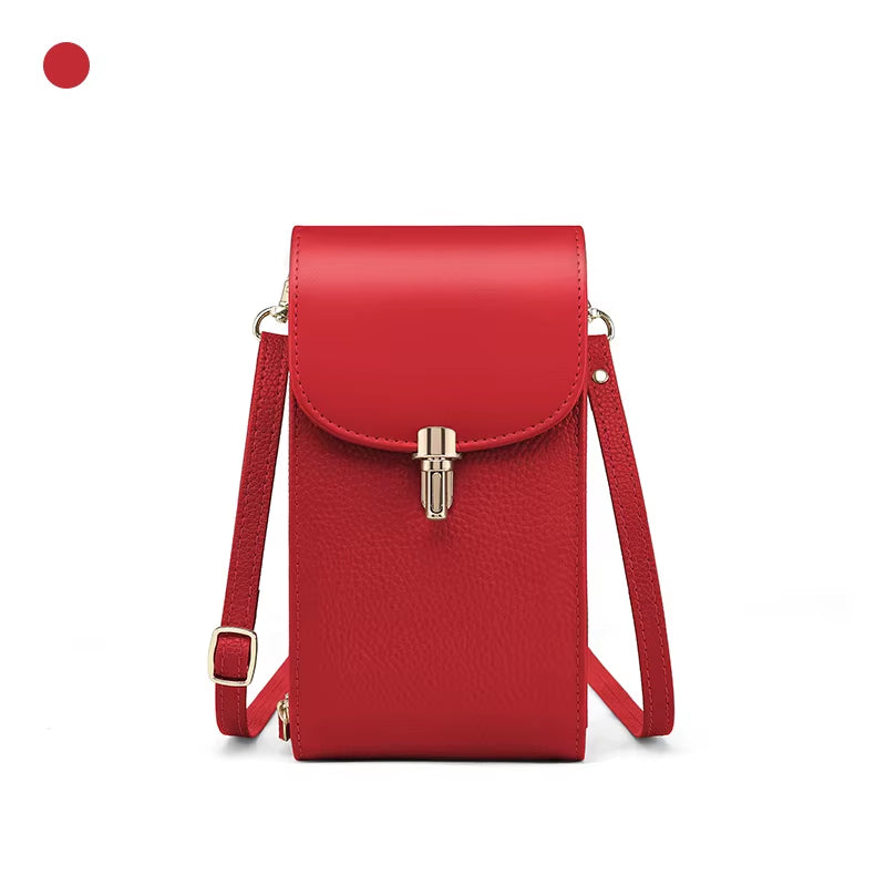 Genuine Leather Phone Bag, Crossbody Bag, Shoulder Bag with 8 Card Slots, ID Evidence Slot, Zipper Pocket, Lychee Patterned Cowh